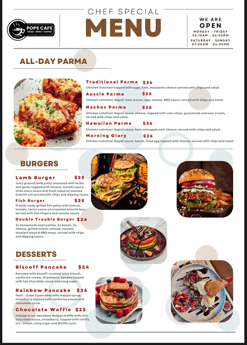 Menu, Pops Cafe Bar Mount Eliza