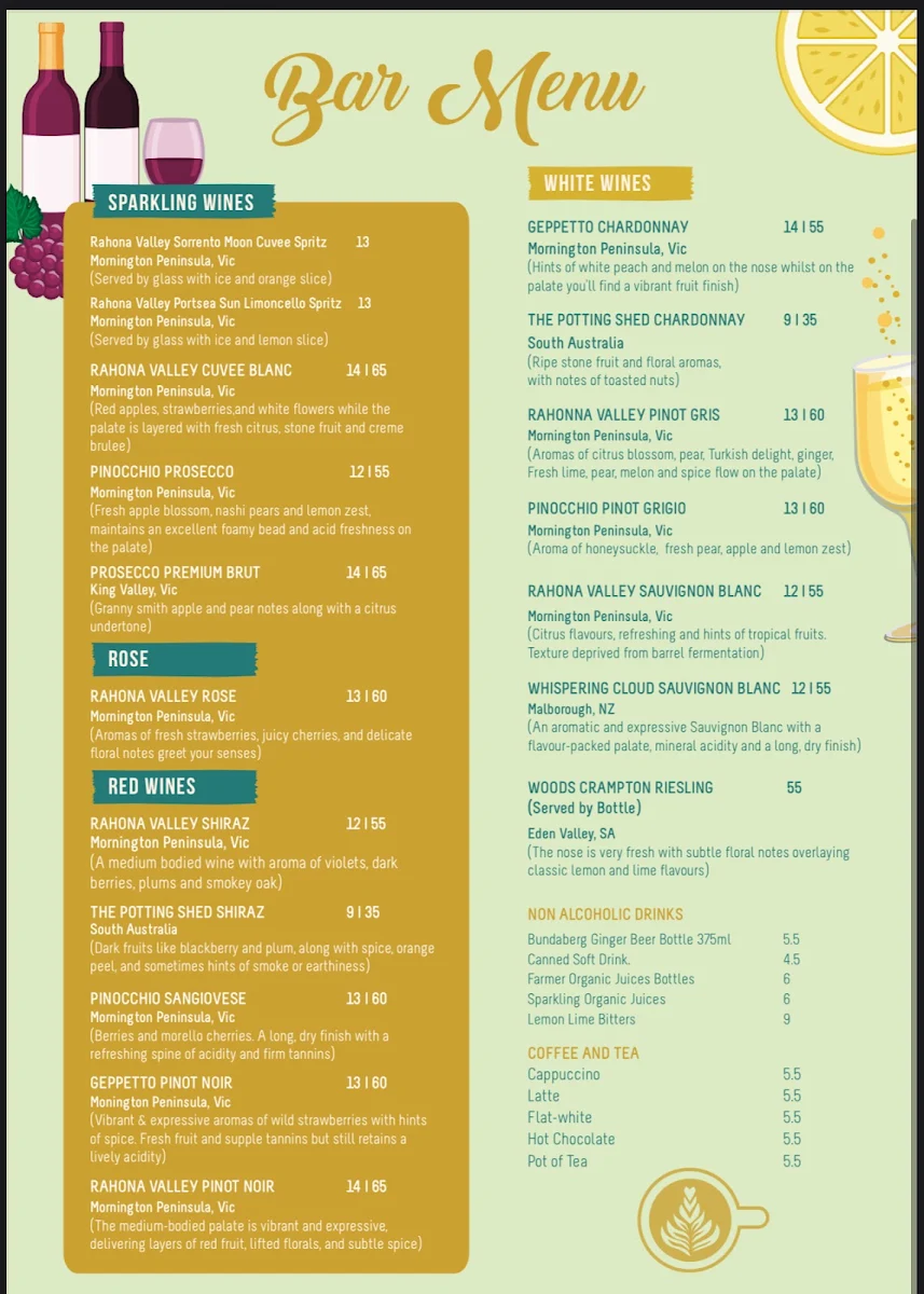 Menu, Pops Cafe Bar Mount Eliza