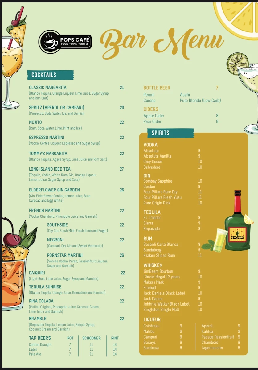 Menu, Pops Cafe Bar Mount Eliza