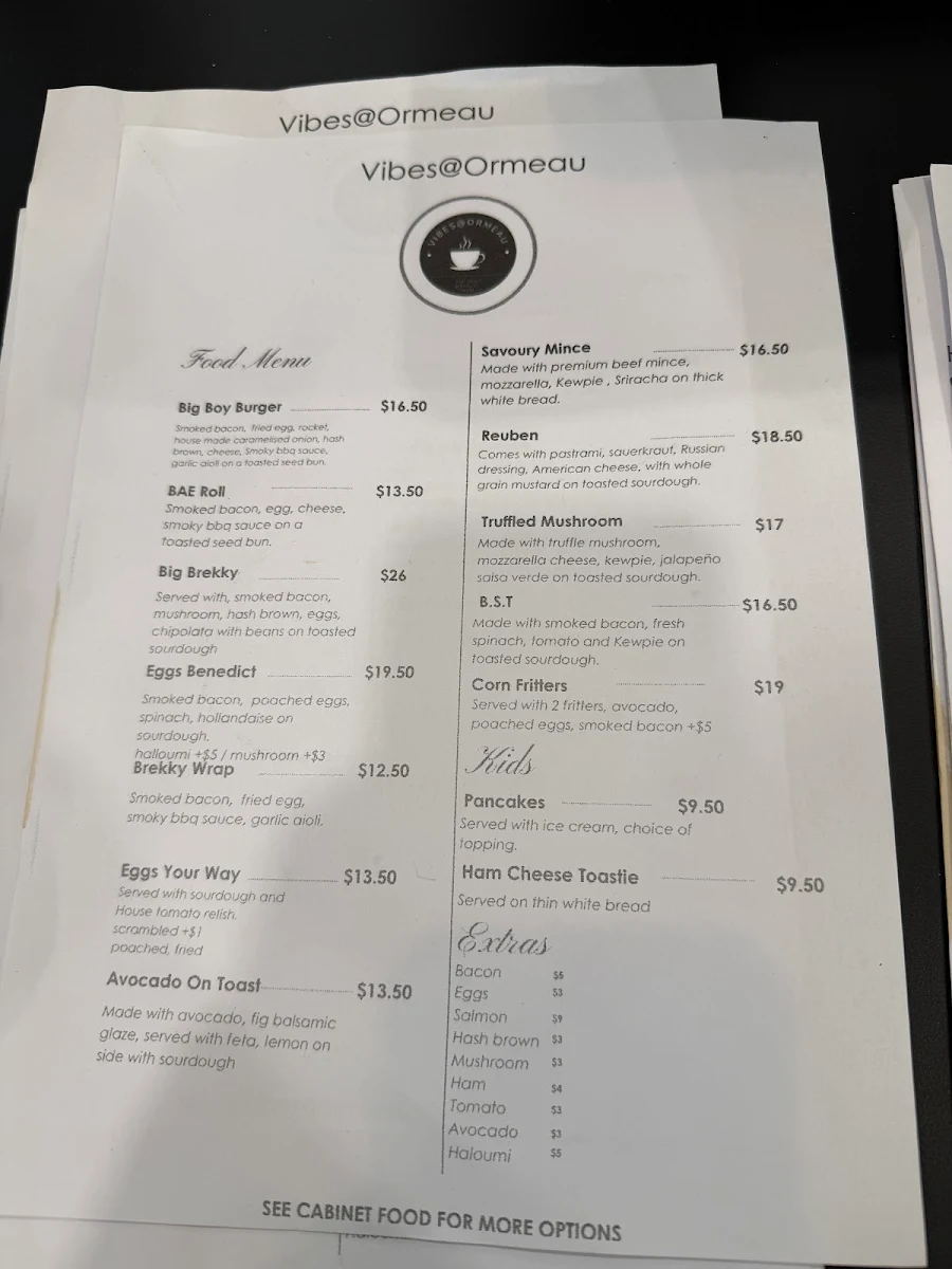 Menu, Vibes Ormeau