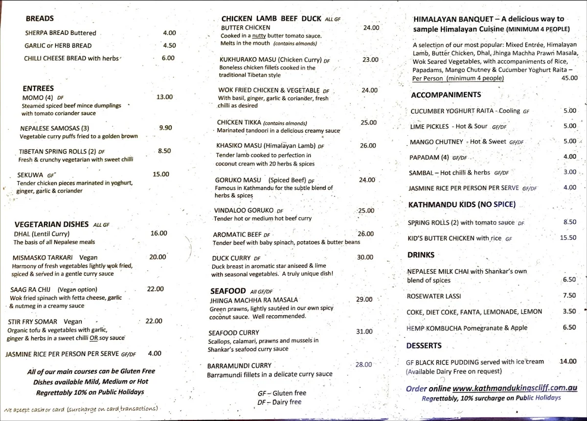 Menu, Kathmandu Kitchen