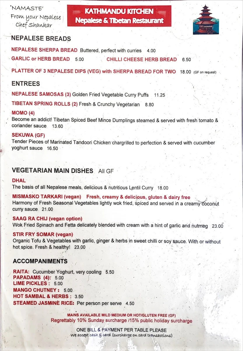 Menu, Kathmandu Kitchen