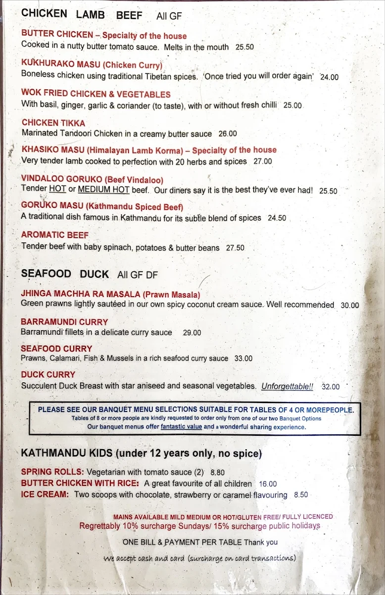 Menu, Kathmandu Kitchen