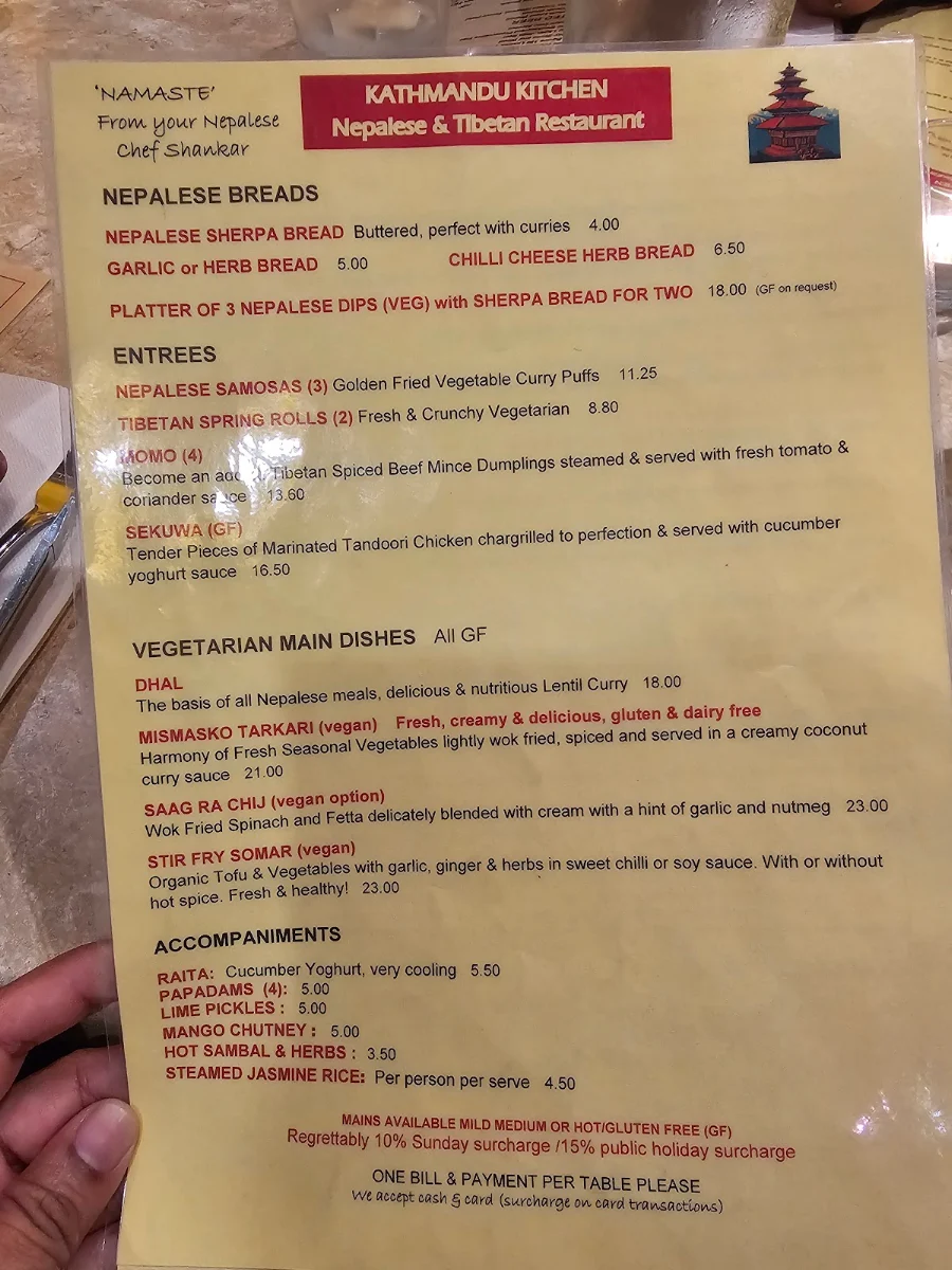 Menu, Kathmandu Kitchen
