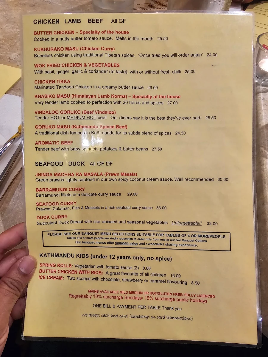 Menu, Kathmandu Kitchen