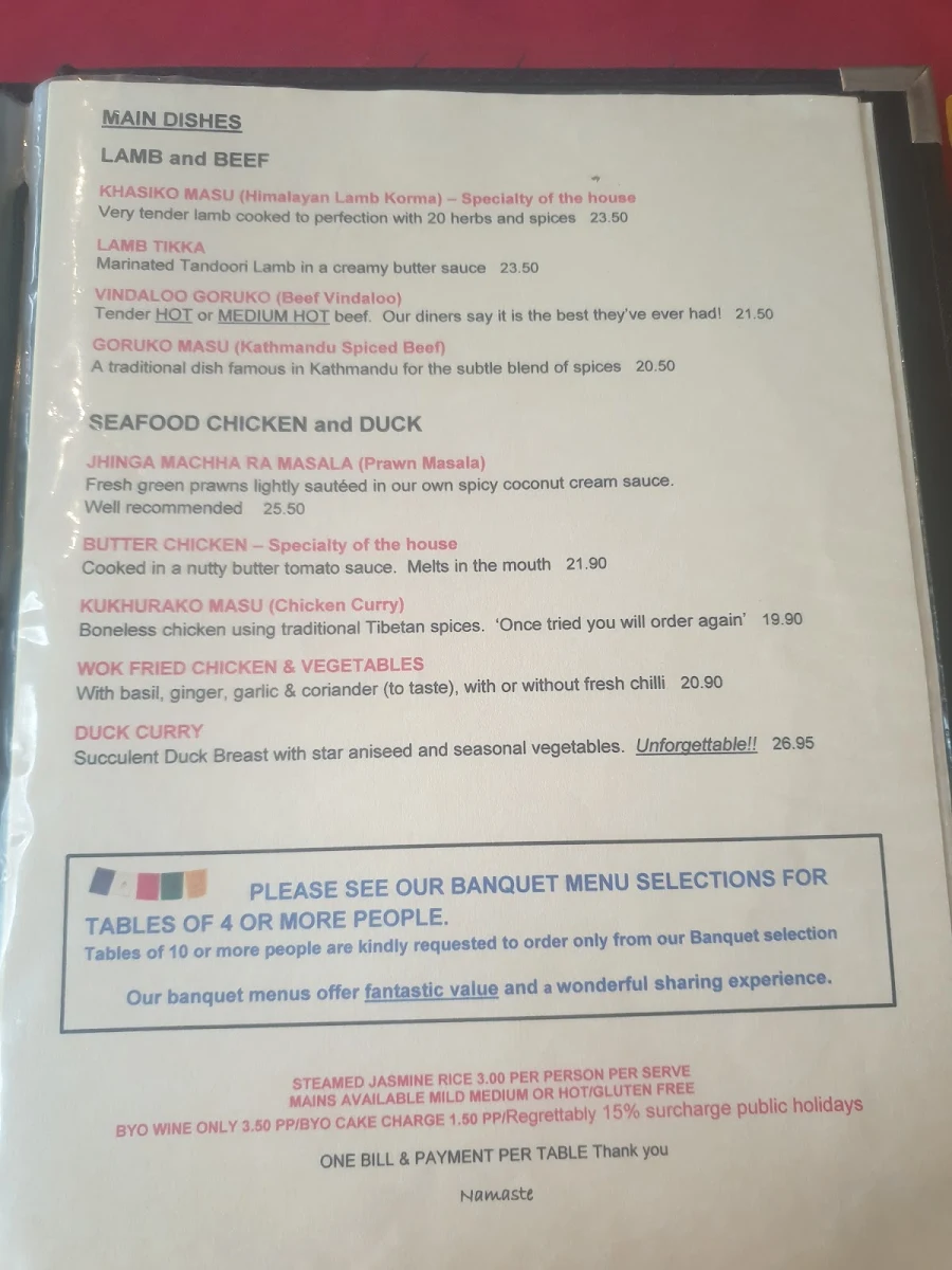 Menu, Kathmandu Kitchen