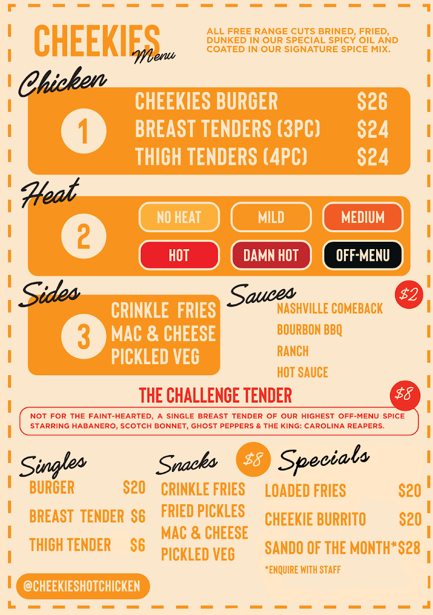 Menu, Cheekies Hot Chicken