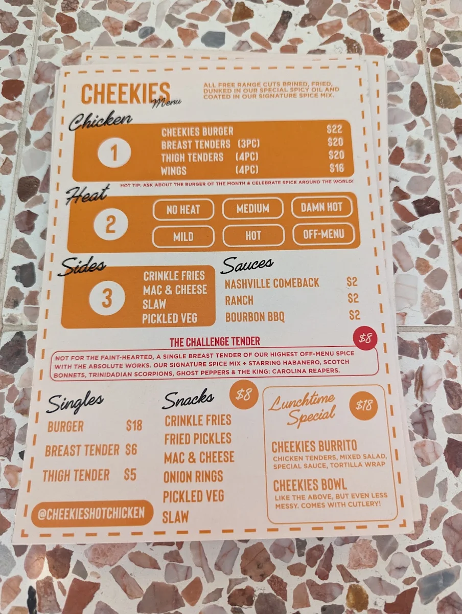 Menu, Cheekies Hot Chicken