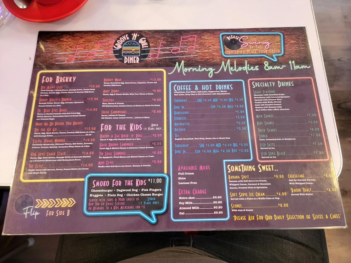 Menu, Groove 'n' Grill Diner