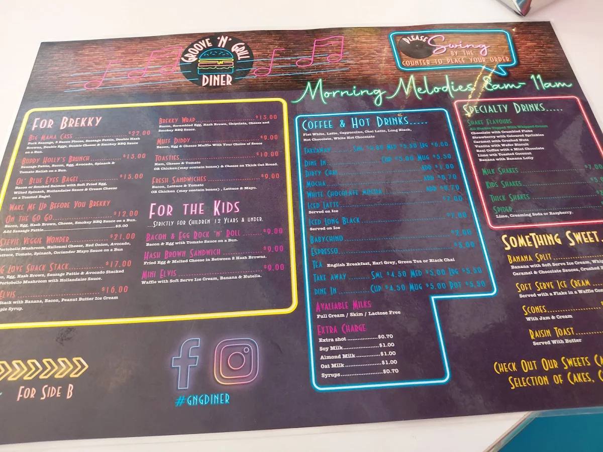 Menu, Groove 'n' Grill Diner