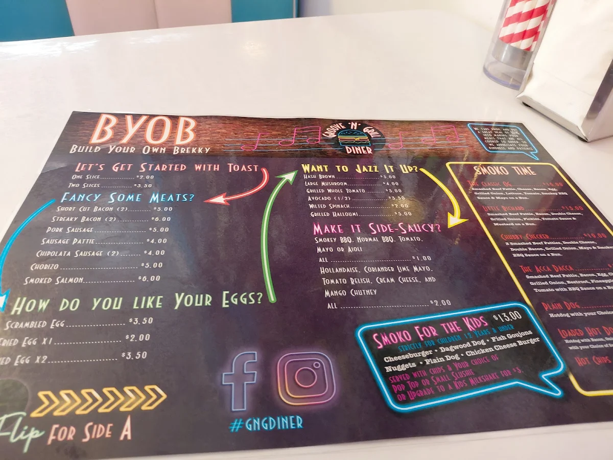 Menu, Groove 'n' Grill Diner