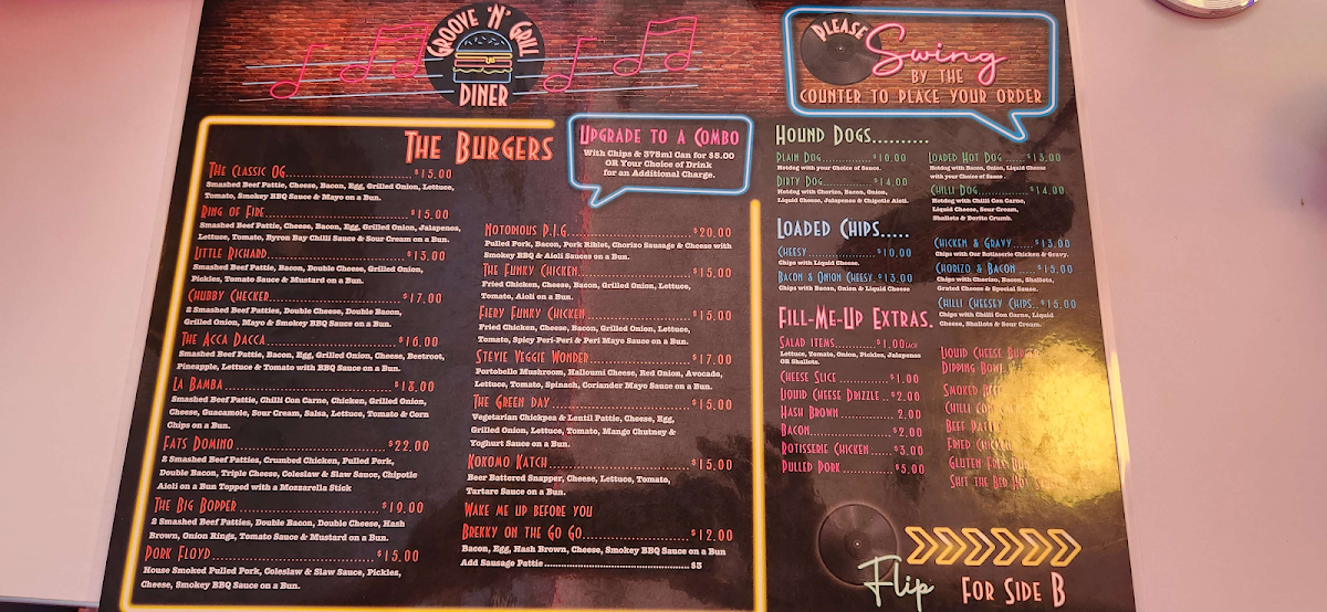 Menu, Groove 'n' Grill Diner