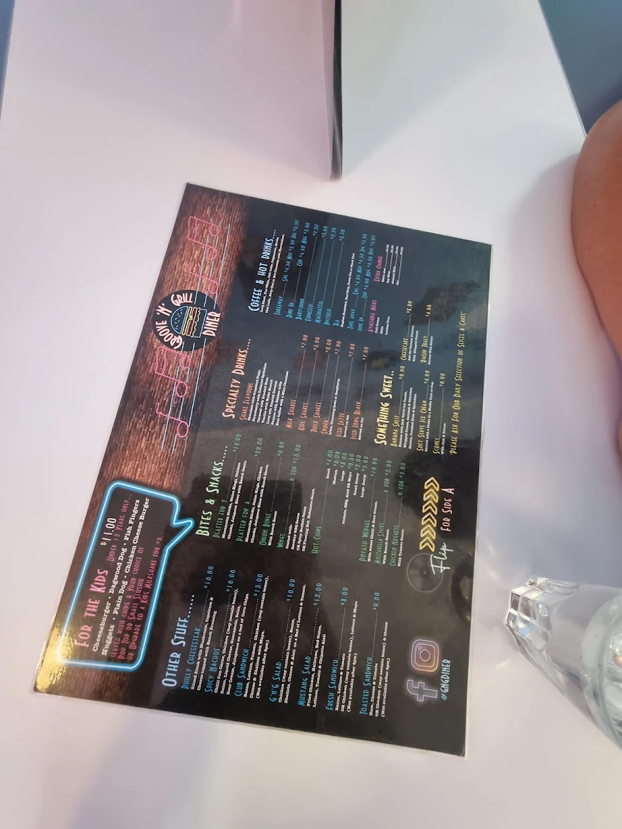 Menu, Groove 'n' Grill Diner