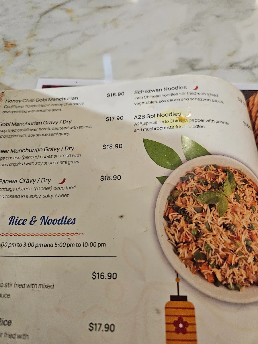 Menu, Adyar Ananda Bhavan Perth (A2B Perth)
