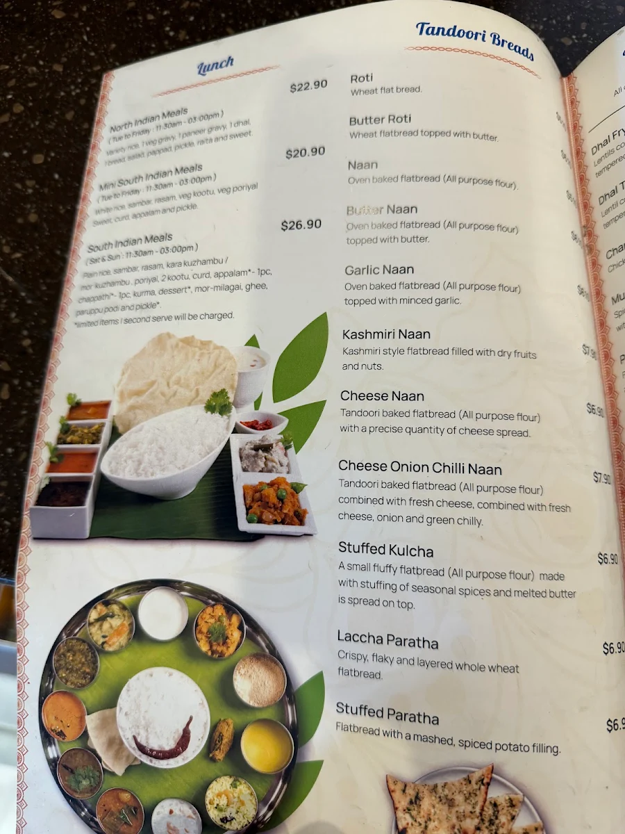 Menu, Adyar Ananda Bhavan Perth (A2B Perth)