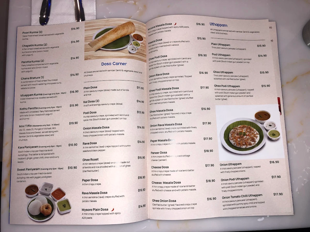 Menu, Adyar Ananda Bhavan Perth (A2B Perth)