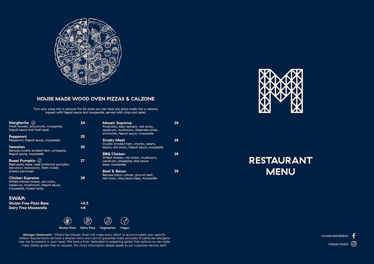 Menu, Mosaic Hotel
