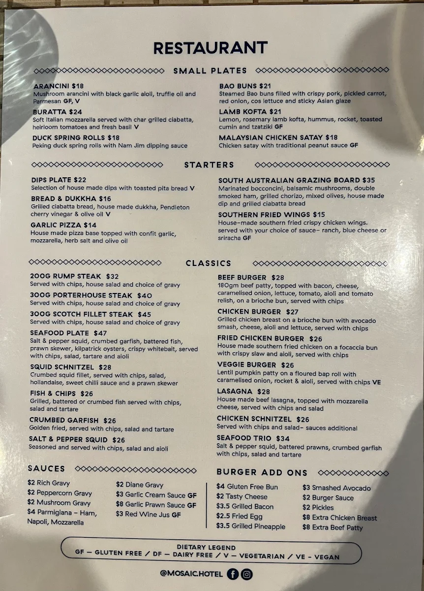 Menu, Mosaic Hotel