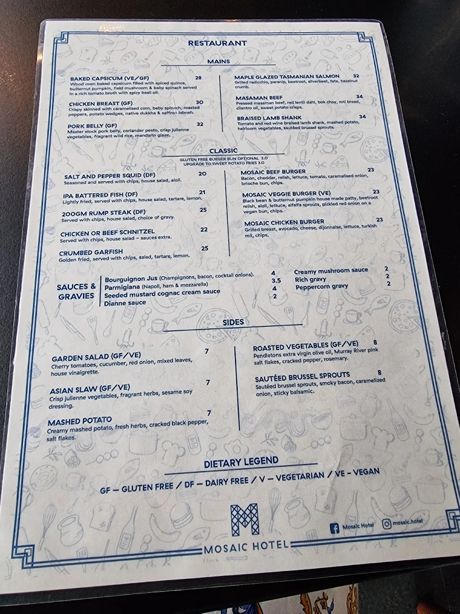 Menu, Mosaic Hotel