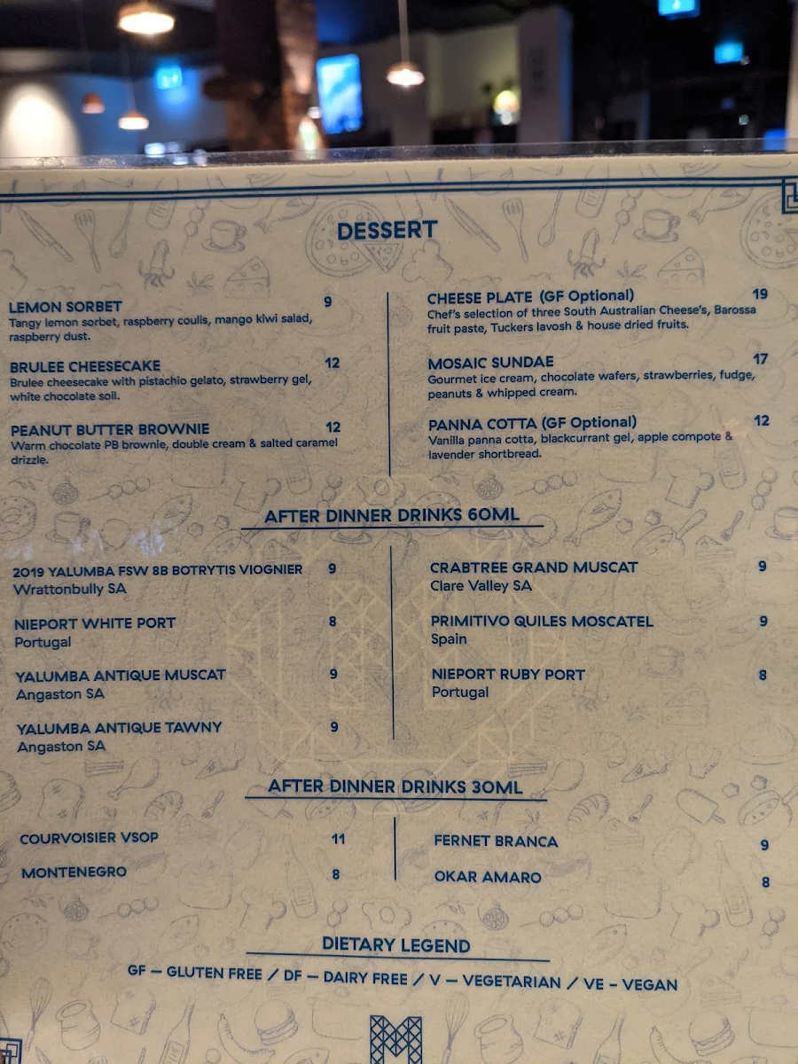 Menu, Mosaic Hotel
