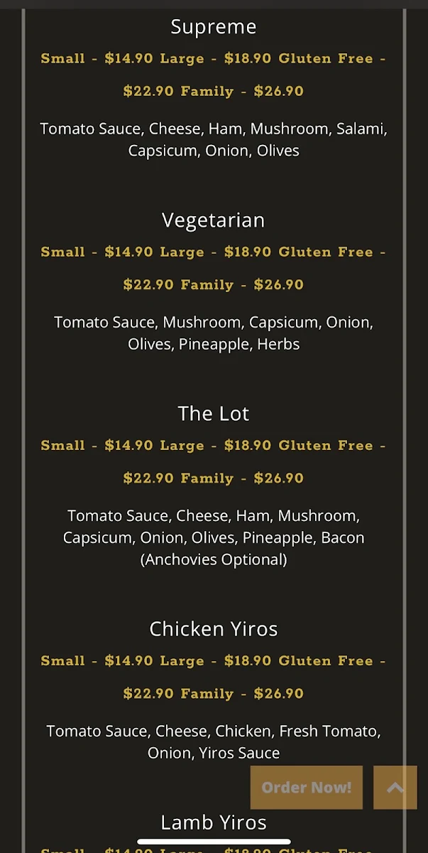 Menu, Levant Pizzeria