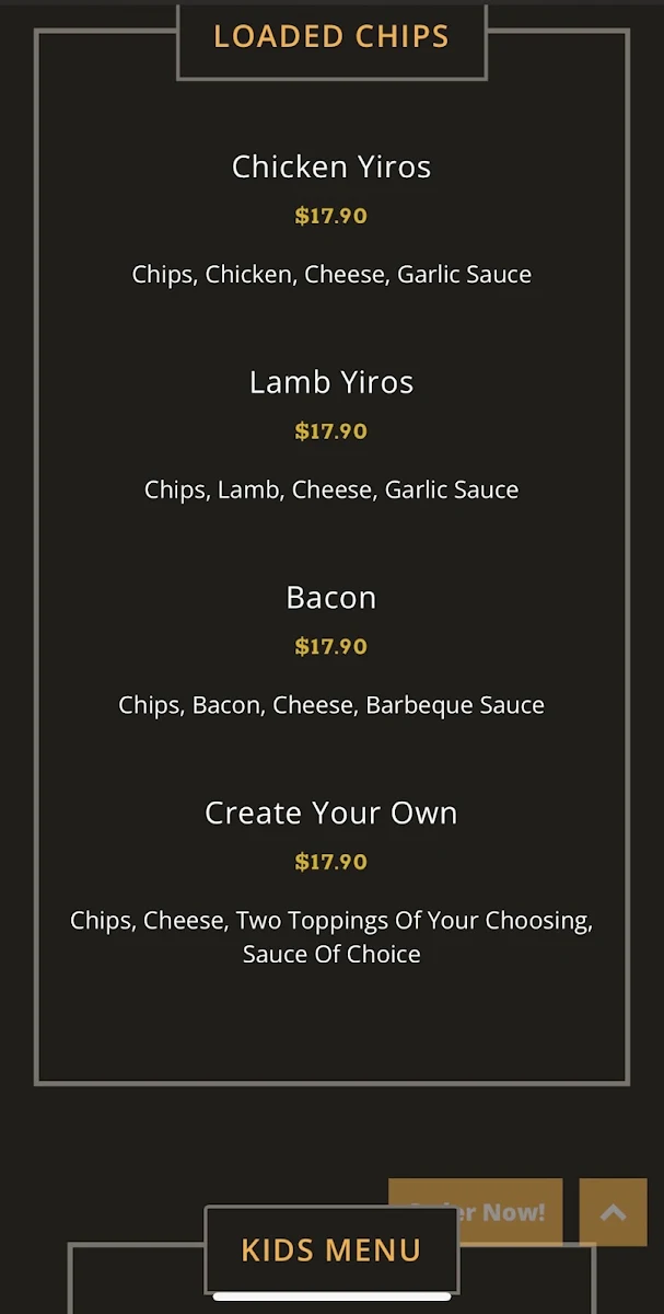 Menu, Levant Pizzeria