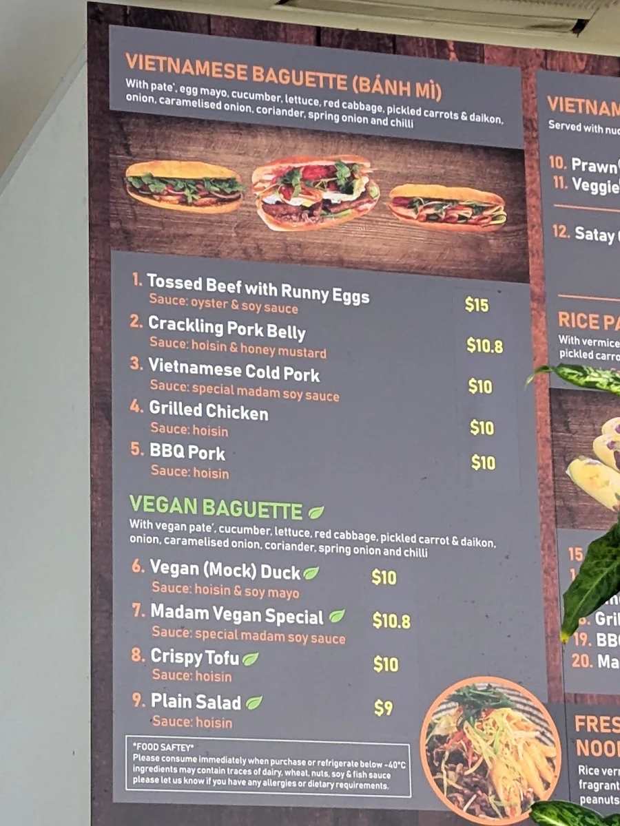 Menu, madam saigon baguette