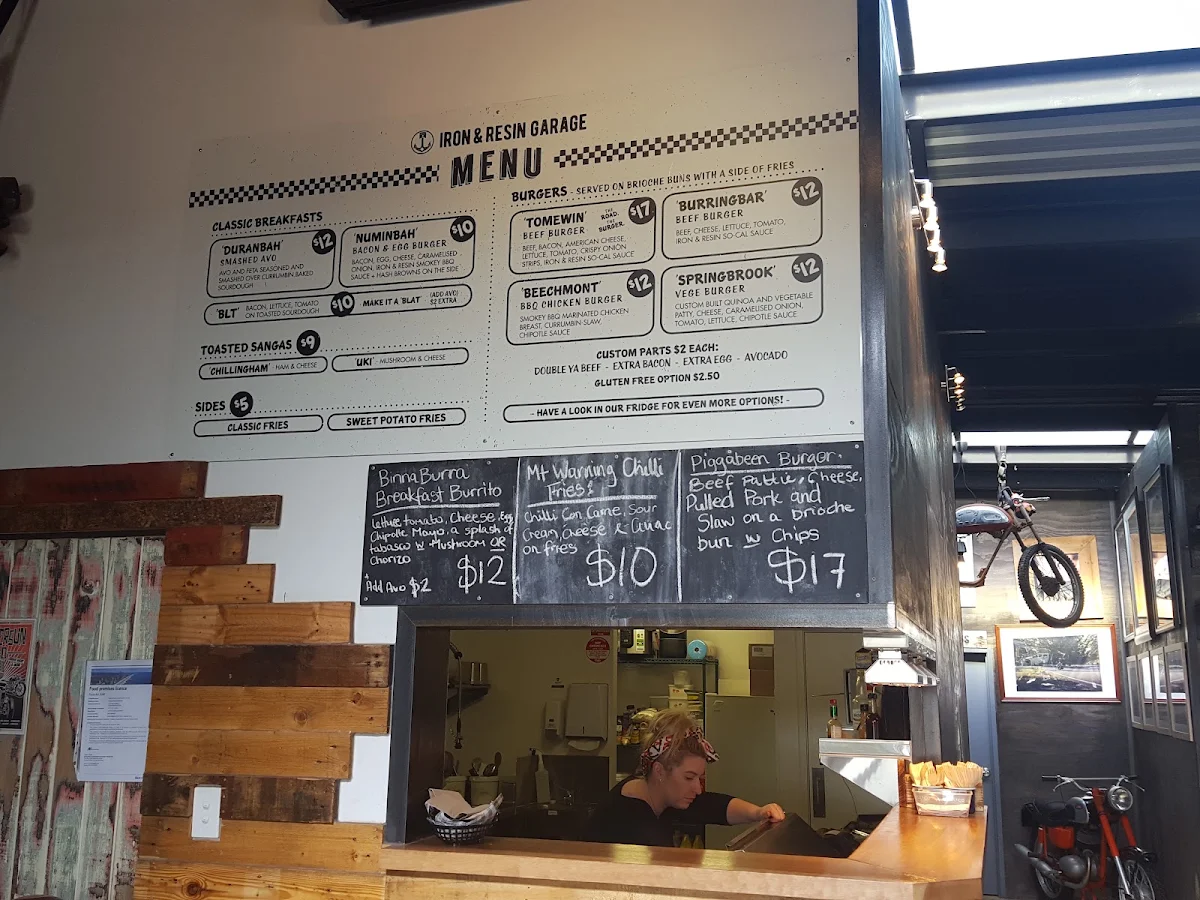 Menu, Iron and Resin Garage