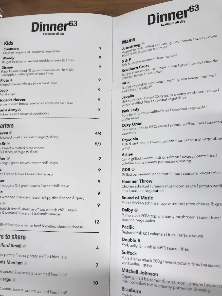 Menu, Cafe 63 Morayfield