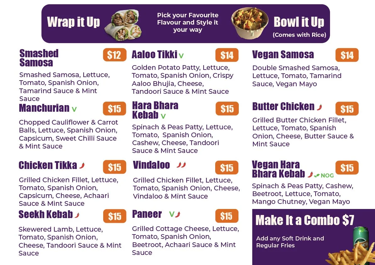 Menu, Bollywood Burgers Eastern Creek