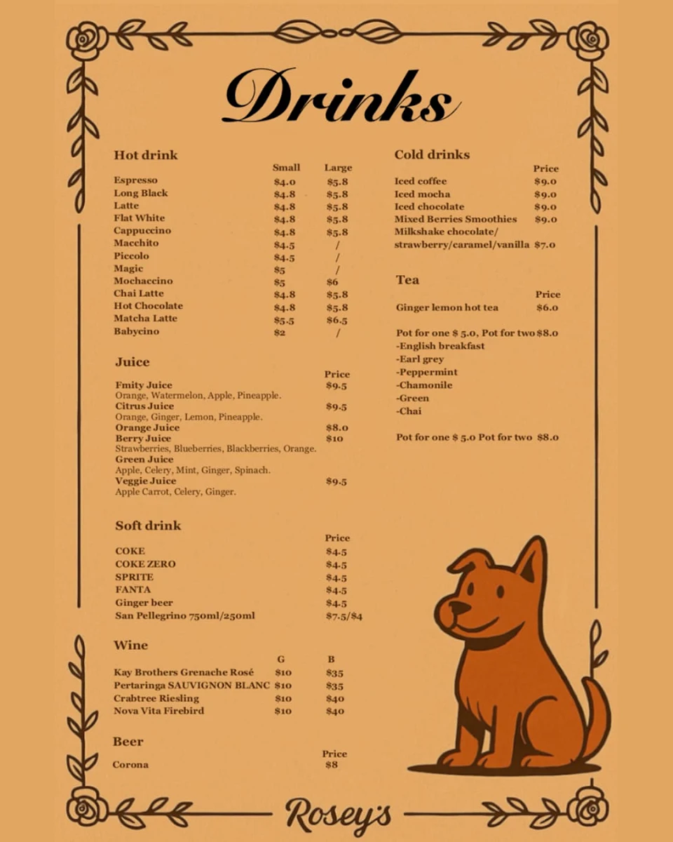 Menu, Rosey's Unley