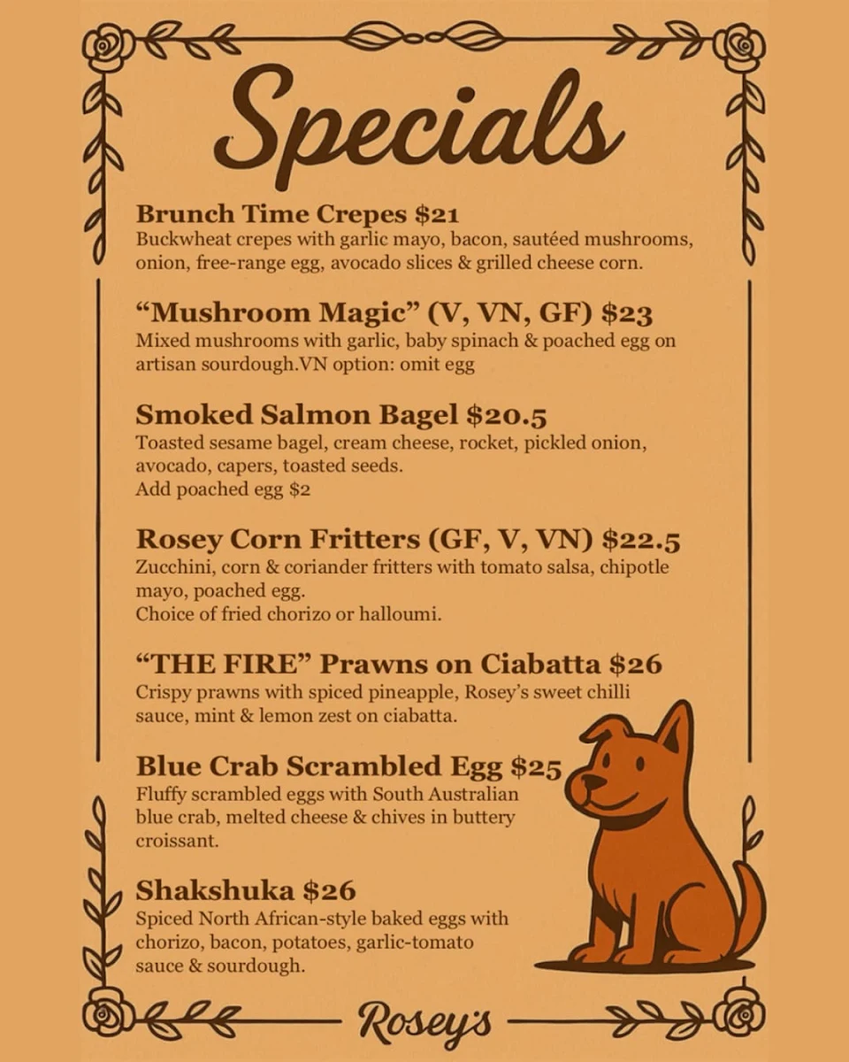 Menu, Rosey's Unley