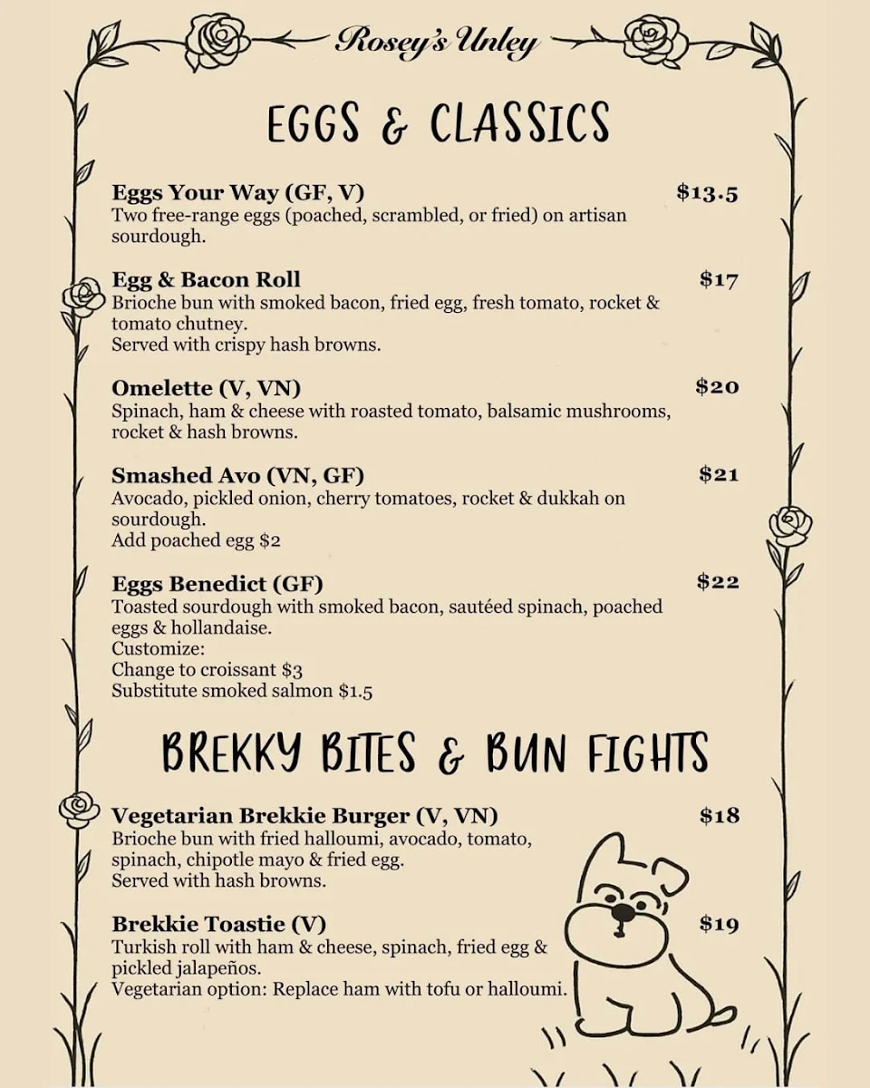 Menu, Rosey's Unley