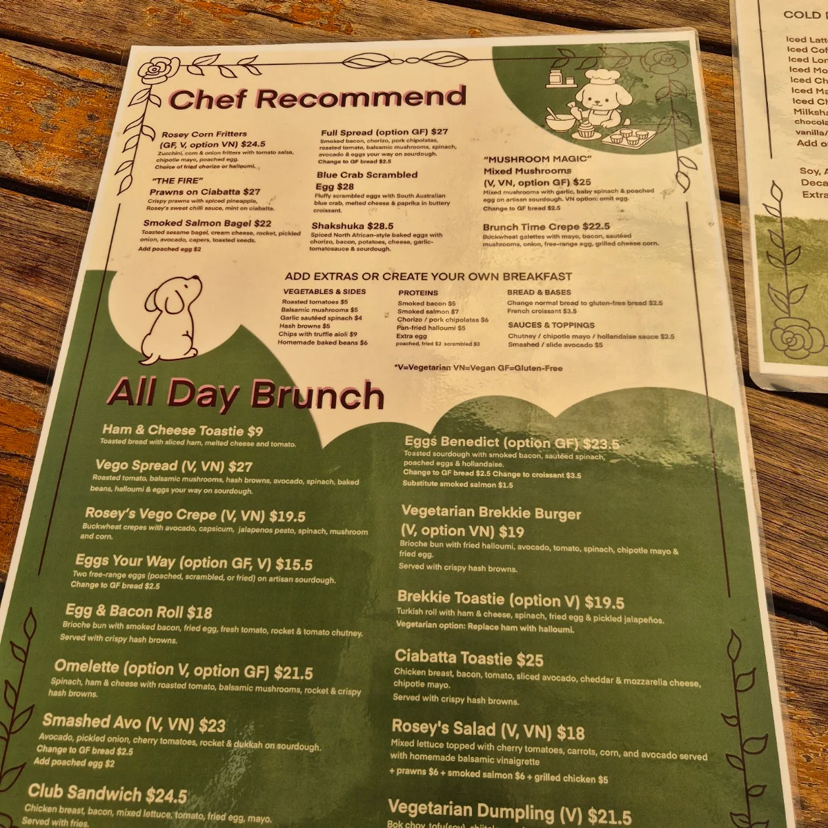 Menu, Rosey's Unley
