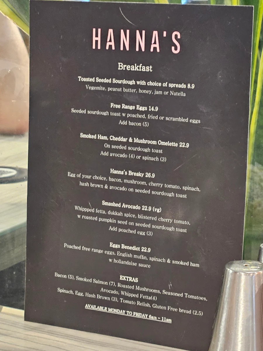 Menu, Hanna's Cafe