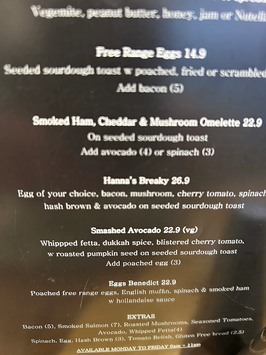 Menu, Hanna's Cafe