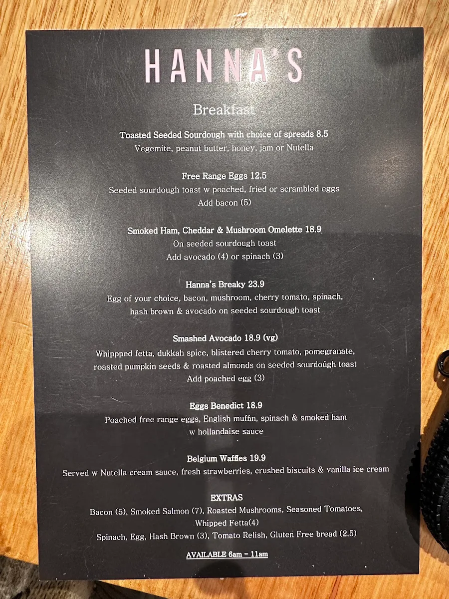 Menu, Hanna's Cafe