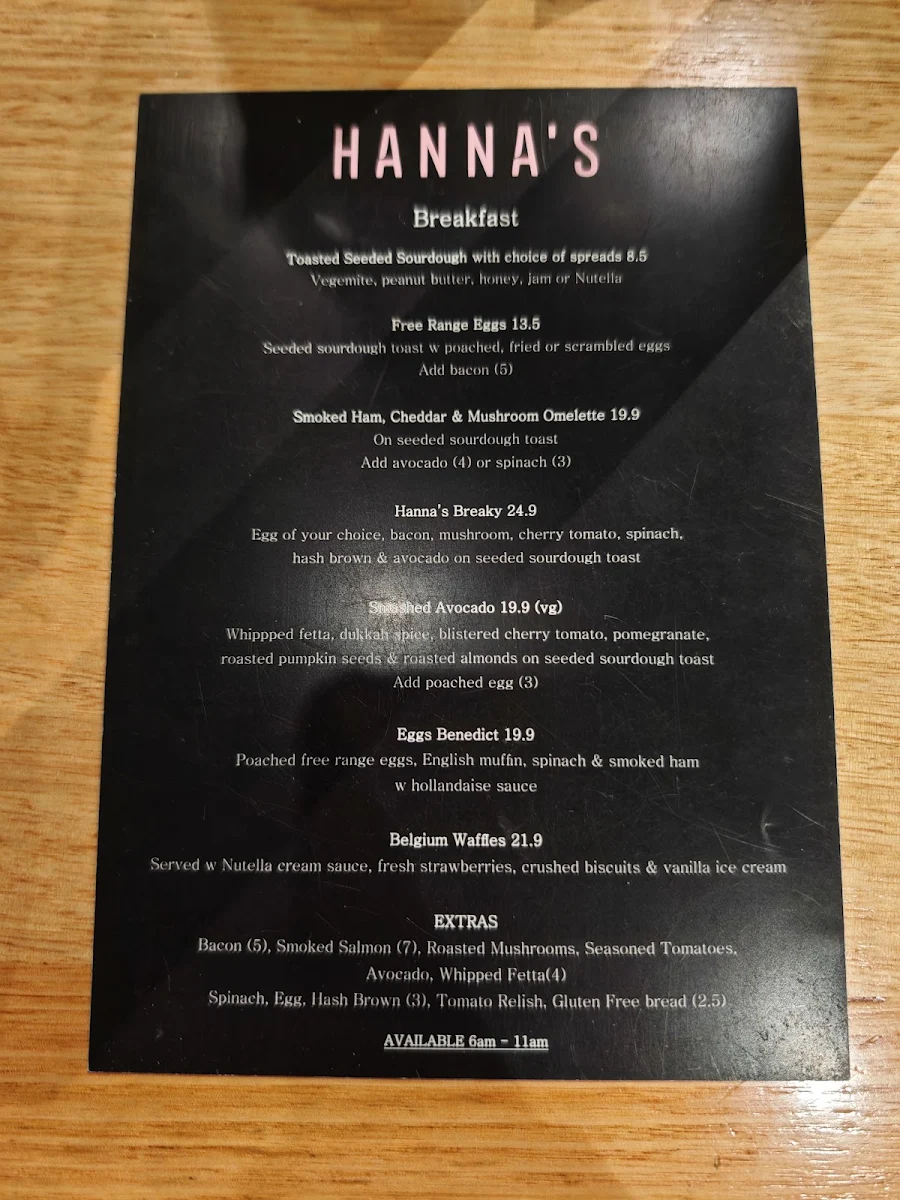 Menu, Hanna's Cafe