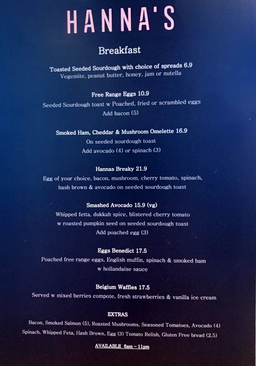 Menu, Hanna's Cafe