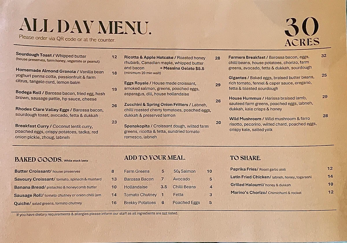 Menu, 30 Acres Norwood