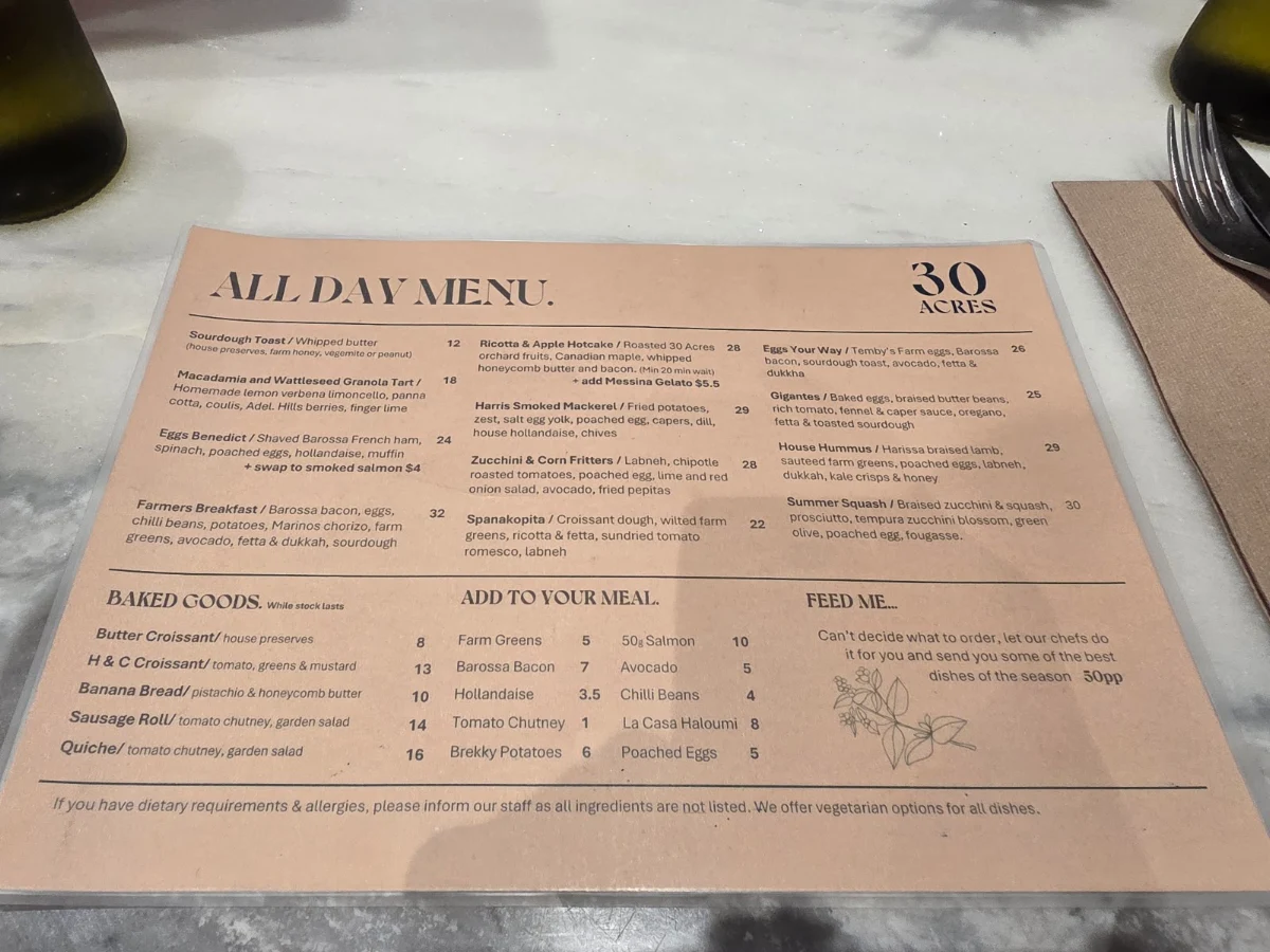 Menu, 30 Acres Norwood