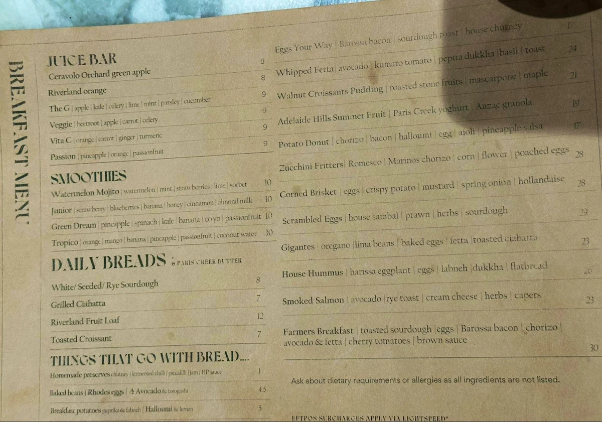 Menu, 30 Acres Norwood