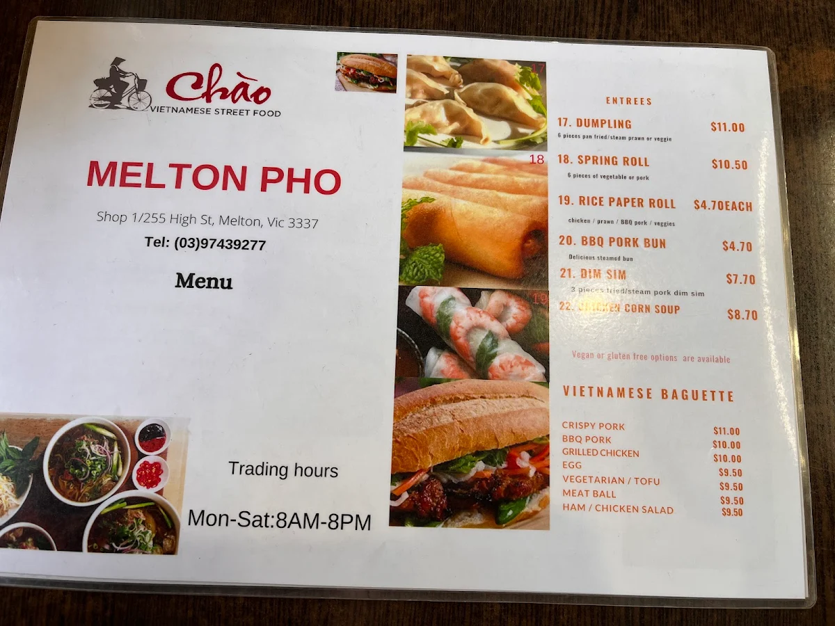 Menu, Melton Pho