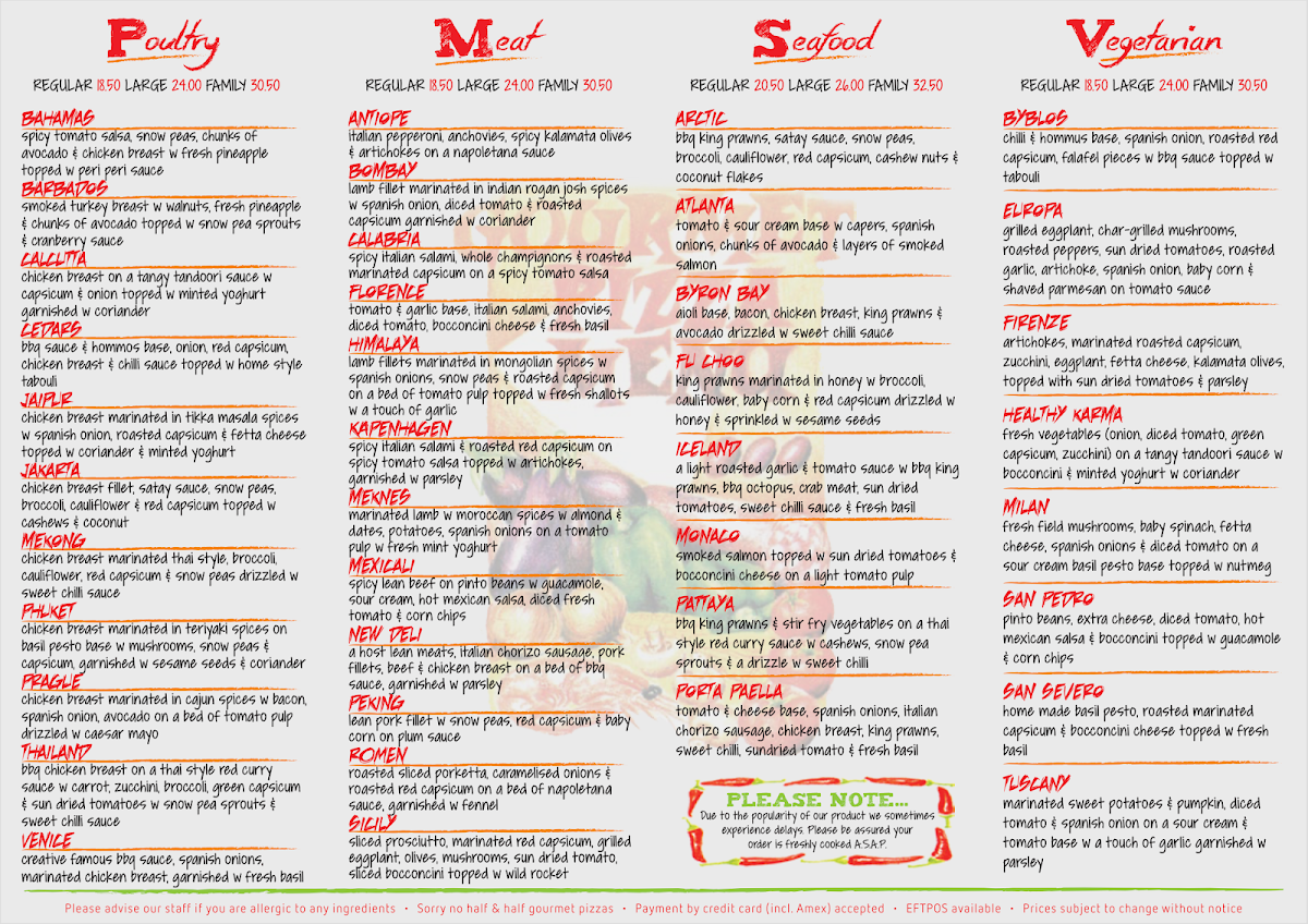 Menu, Creative Gourmet Pizza and Grill