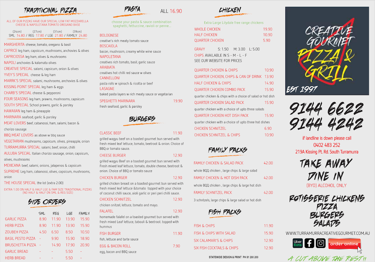 Menu, Creative Gourmet Pizza and Grill