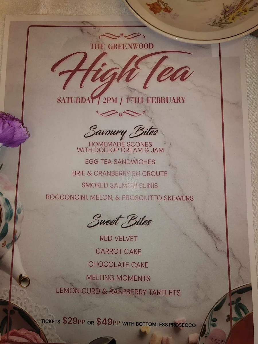 Menu, Greenwood Hotel
