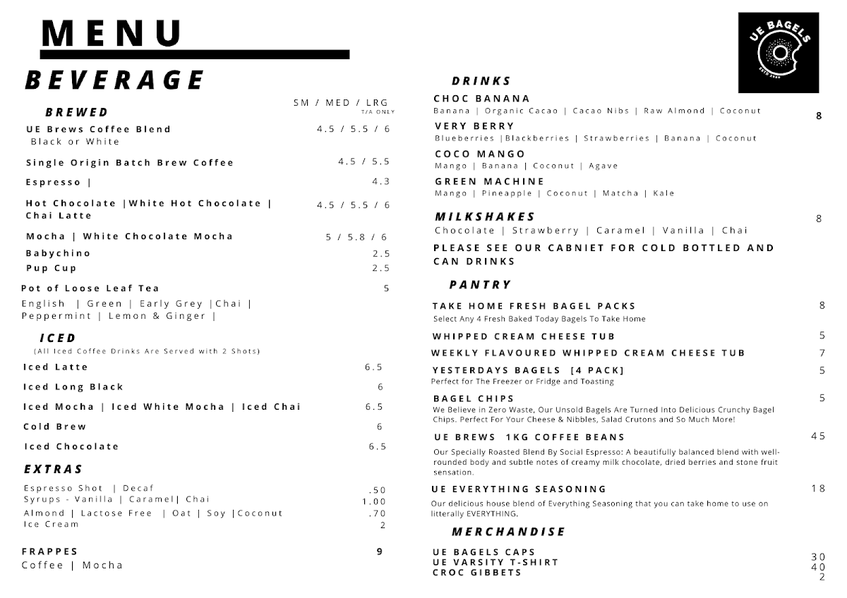Menu, UE Bagels - Varsity Lakes