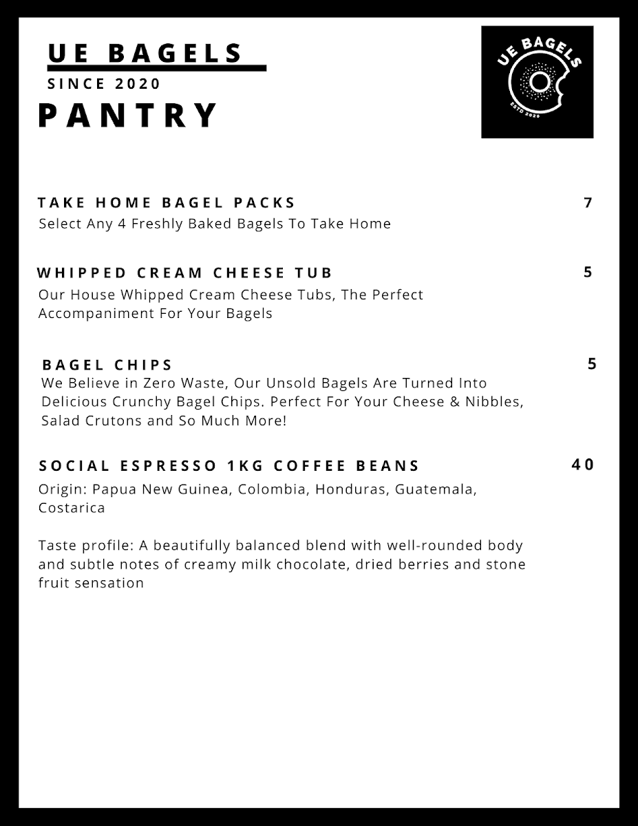 Menu, UE Bagels - Varsity Lakes