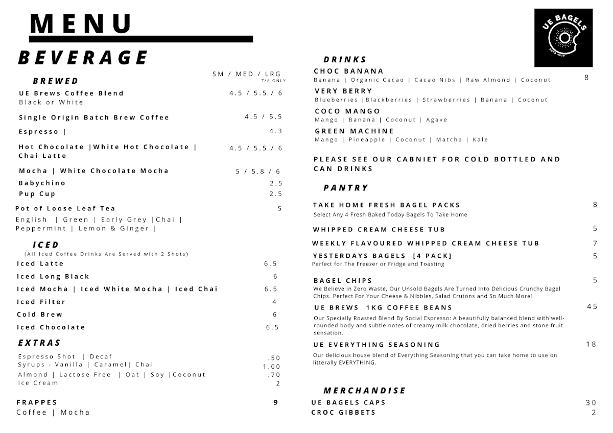 Menu, UE Bagels - Varsity Lakes