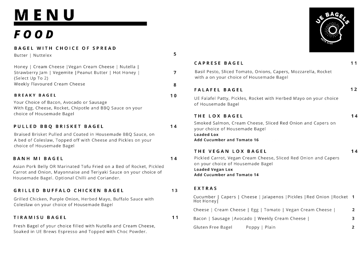 Menu, UE Bagels - Varsity Lakes